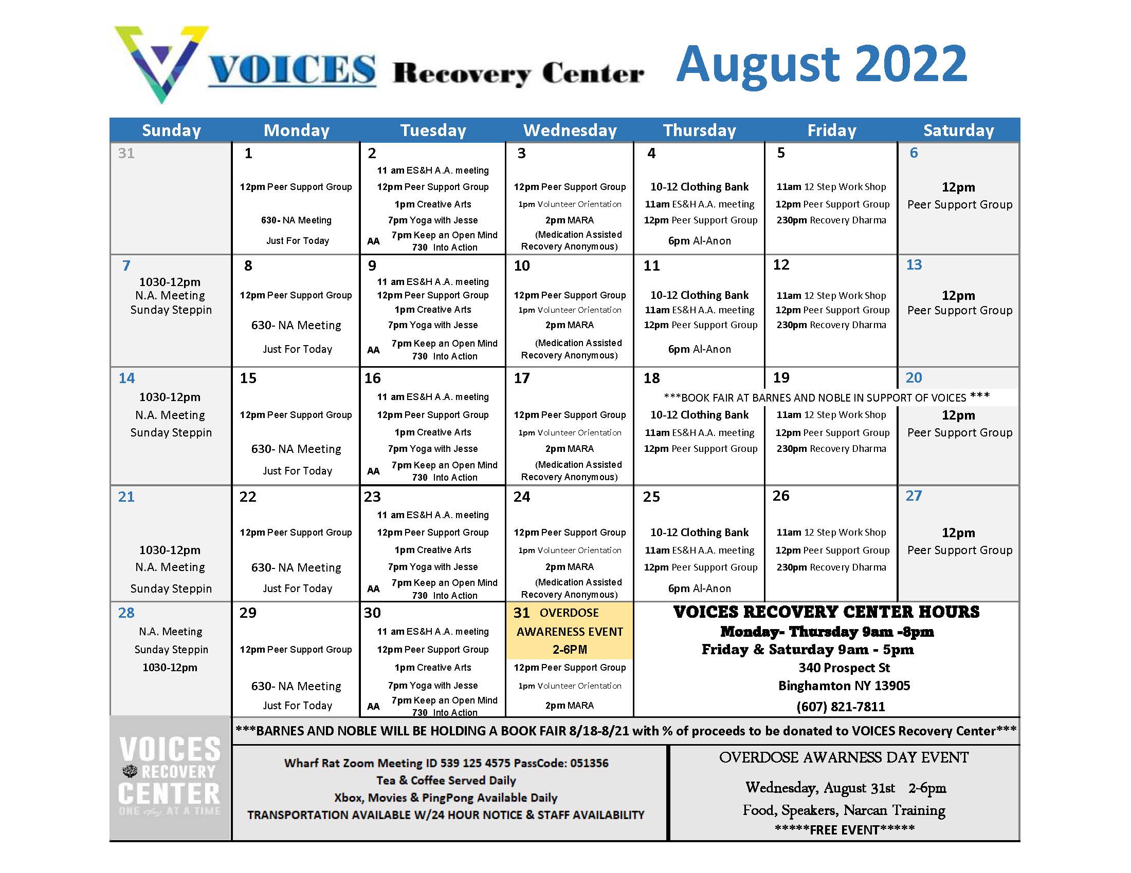 August 2022 VOICES Recovery Center Calendar
